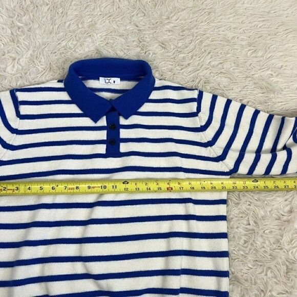 Womens Vintage 70s Acrylic Women Henley Sweater Large White Blue Striped Medium - Picture 7 of 11